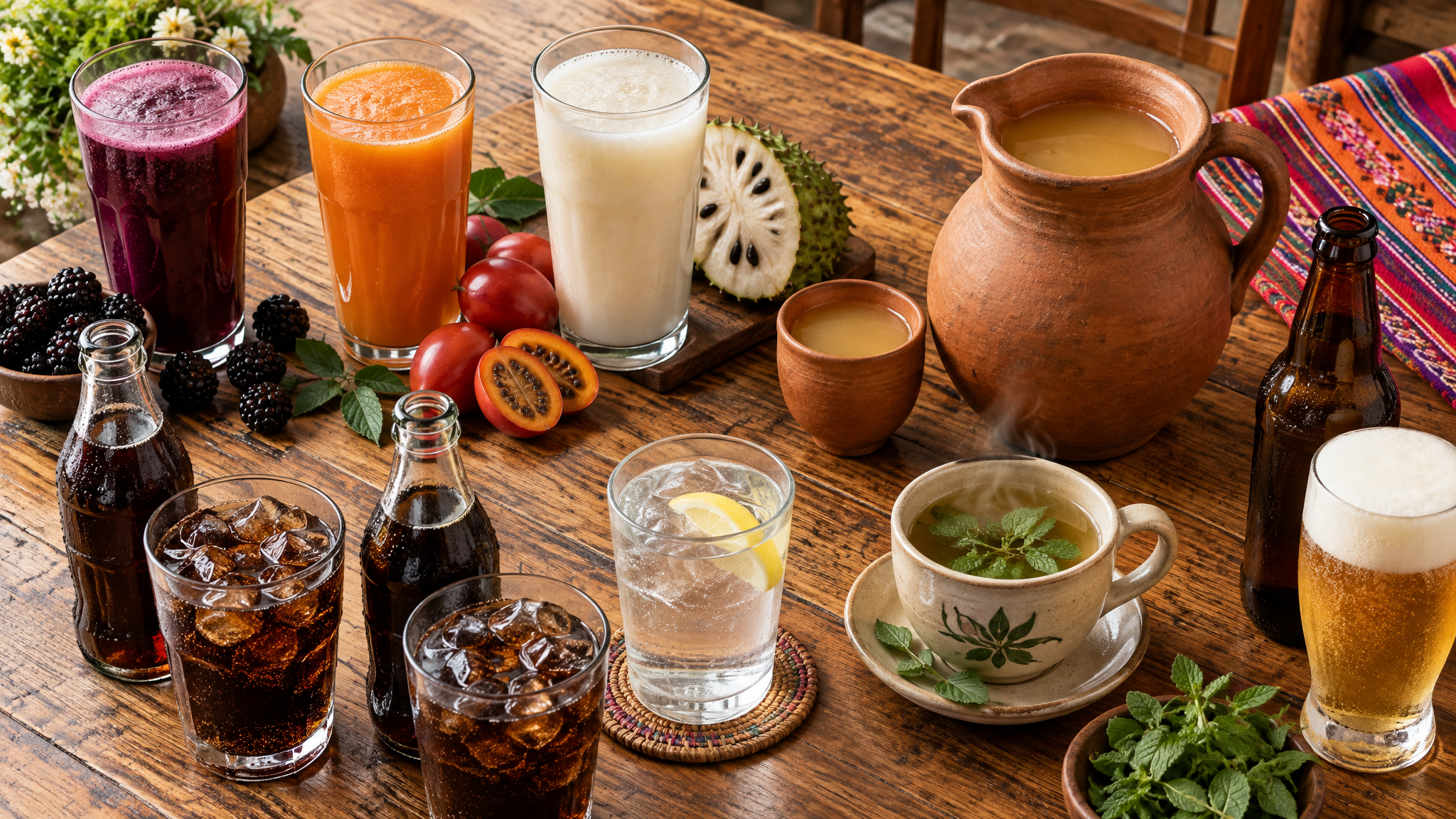 Bebidas de Fritadas Rosita: jugos naturales, chicha, colas, aguas, tés y cerveza
